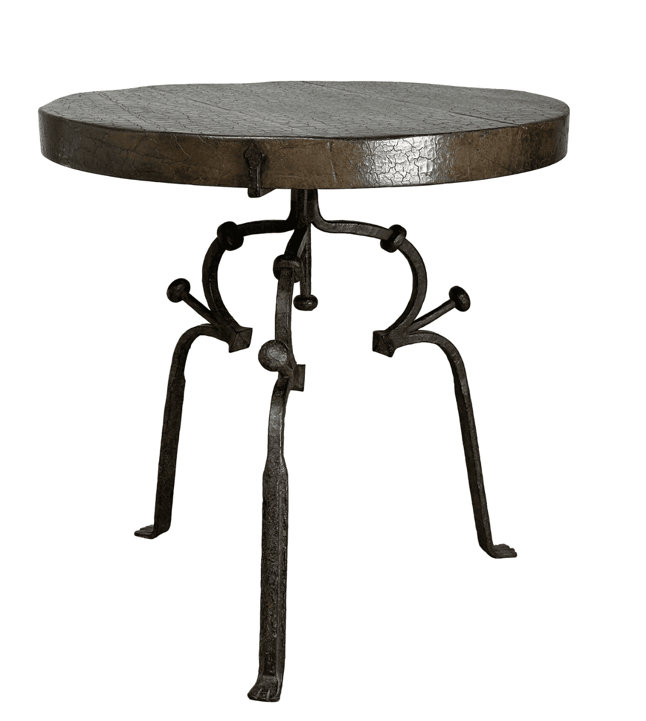 A small, round accent table featuring a dark, hammered metal tabletop with a visibly crackled texture. The base consists of three intricately forged iron legs, splayed outwards and connected by decorative scrolled elements and spherical accents. The entire piece has a dark, aged, and rustic aesthetic. — 3D model