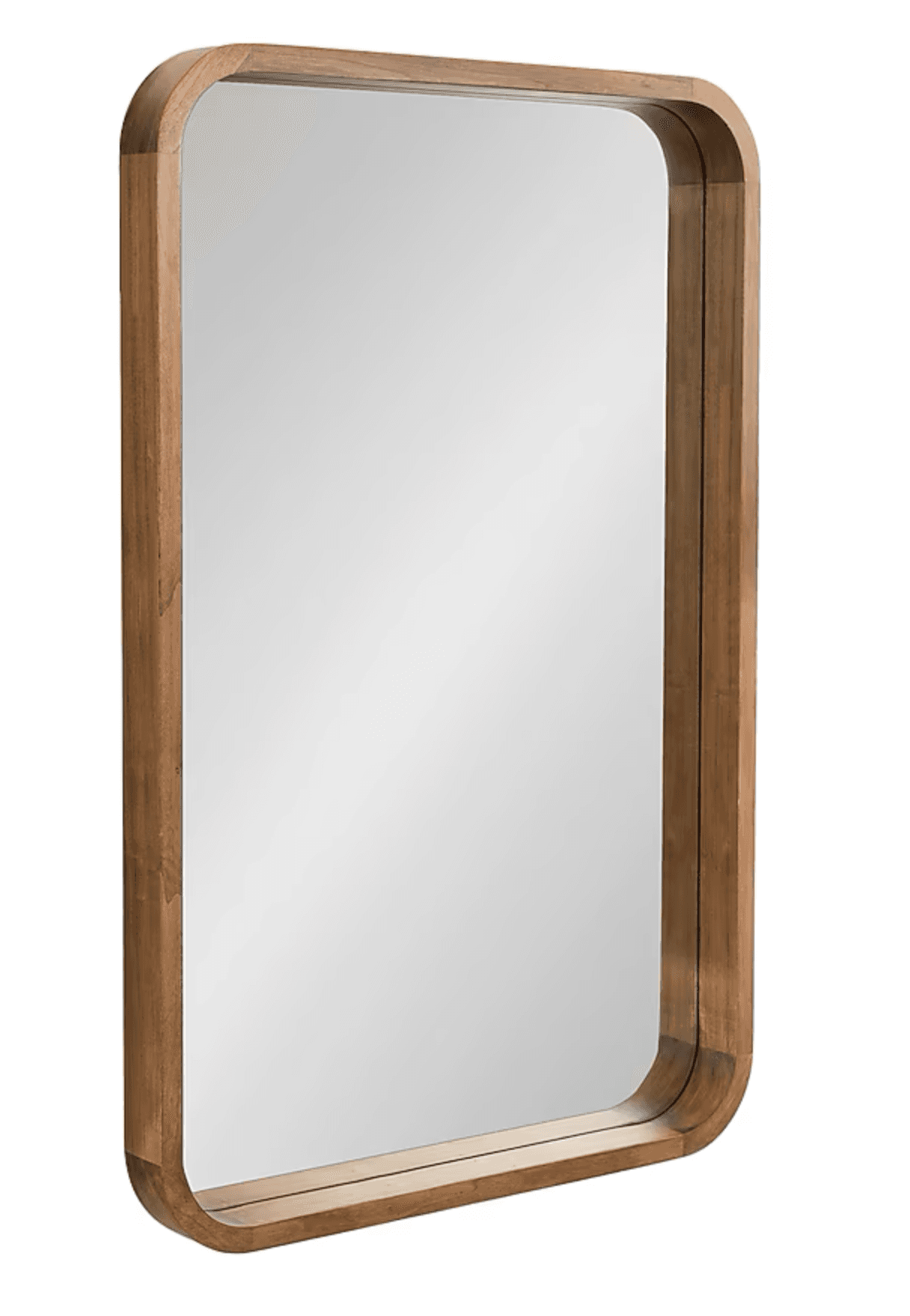 A rectangular mirror with rounded corners, encased in a wooden frame. The frame has a smooth, rounded profile and appears to be made of natural wood with a visible grain. The reflective surface is clear and shows a blurred reflection of what appears to be a dark, textured background or environment. — 3D model