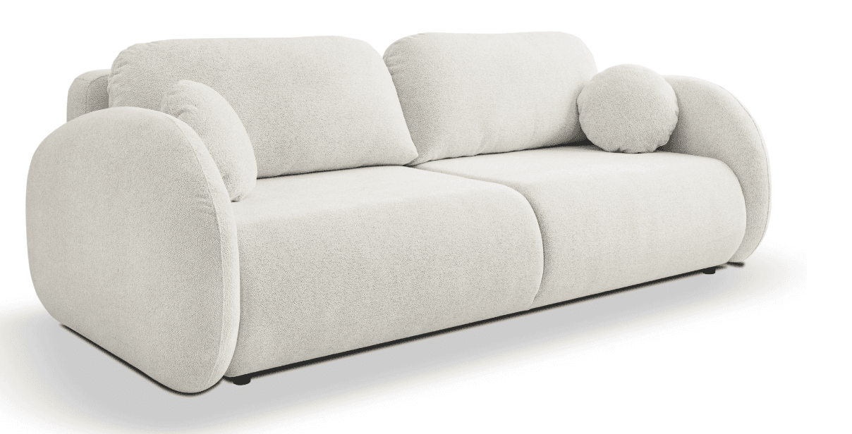 A modern two-seater sofa upholstered in an off-white or cream boucle fabric, featuring a distinctive rounded and organic silhouette. The sofa has thick, curved arms that seamlessly transition into the low base. It is equipped with two loose back cushions and one circular accent pillow, all covered in the matching boucle fabric. The design emphasizes softness and comfort with its plush appearance and lack of sharp edges, sitting on small, recessed dark feet. — 3D model
