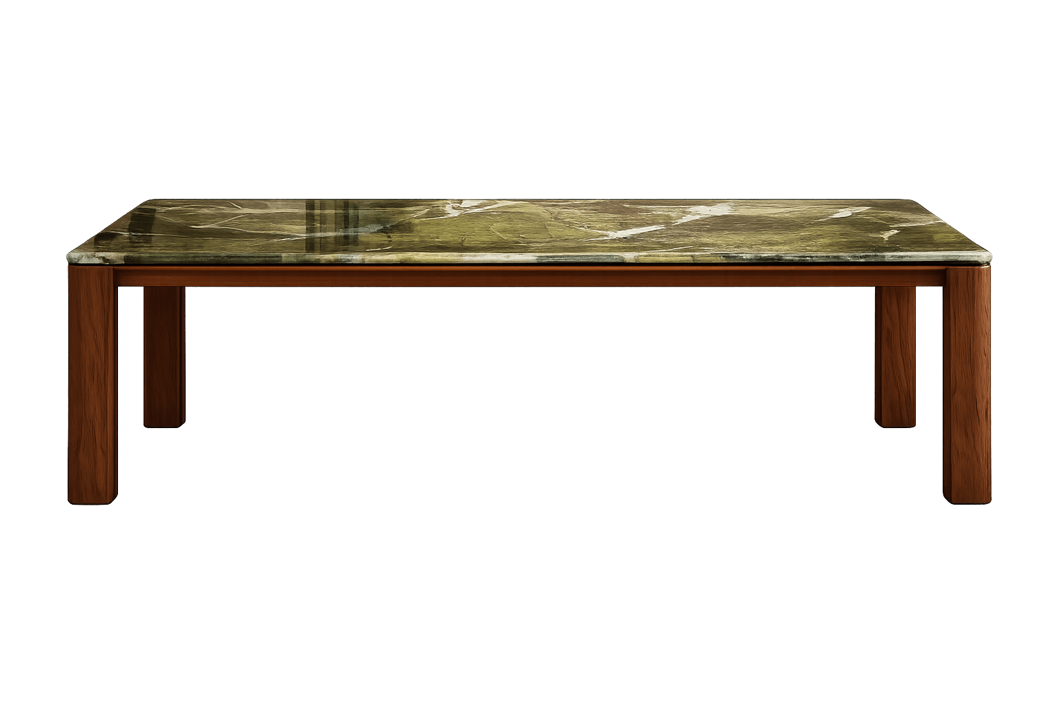 A rectangular console table featuring a richly veined green marble top supported by a sturdy wooden frame and four straight, rectangular legs. — 3D model