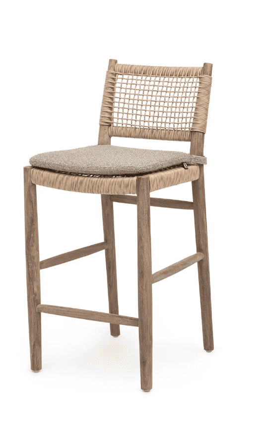 A light-colored wooden bar stool featuring a backrest and seat made from tightly woven natural fiber… — 3D model