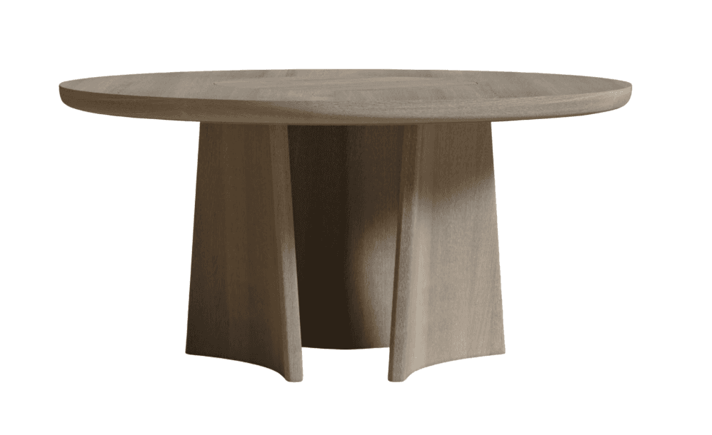 A contemporary round dining table with a sculptural base. The tabletop is flat with a subtle inset d… — 3D model