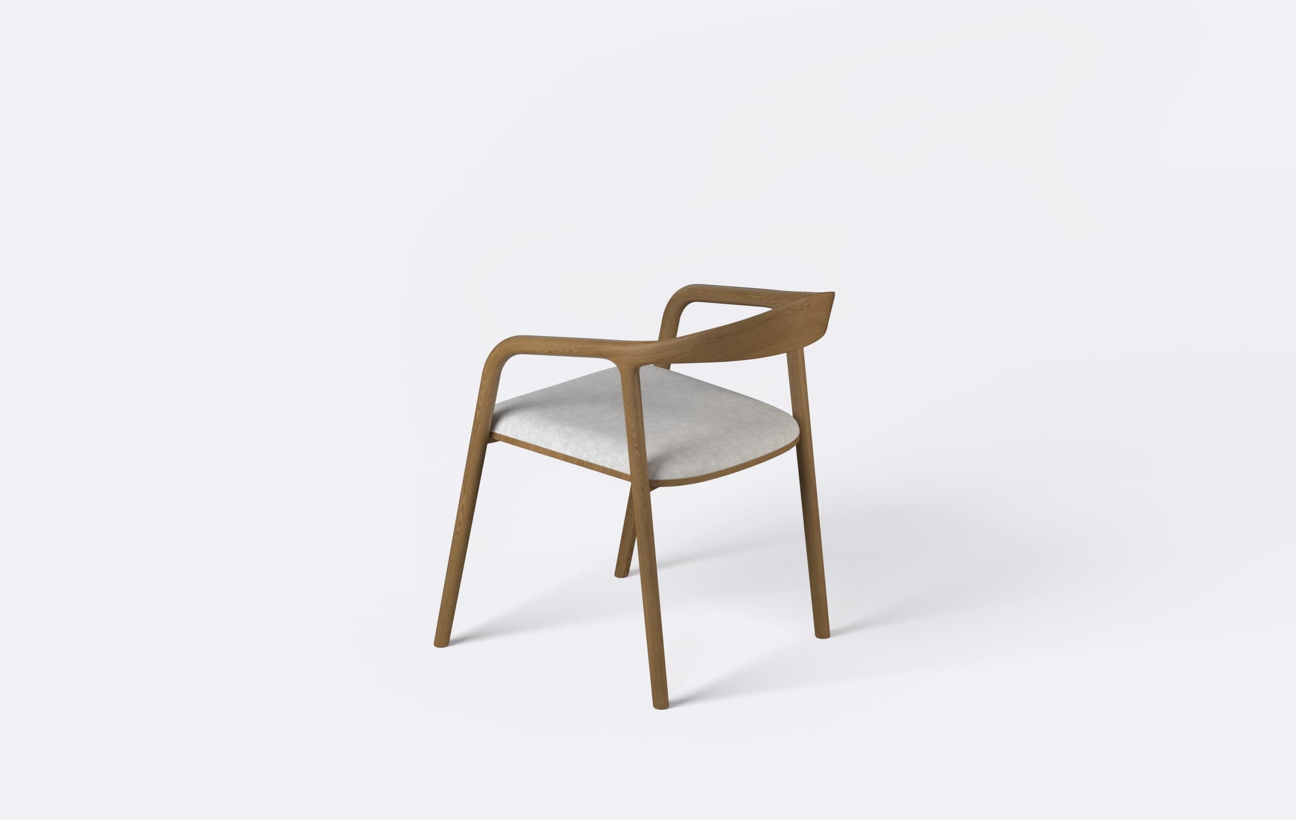 A modern armchair featuring a curved wooden frame that seamlessly integrates the armrests and backrest, complemented by a light gray upholstered seat pad. — 3D model