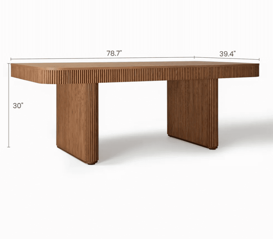 A rectangular dining table crafted from wood, featuring prominent vertical fluting on its broad pede… — 3D model