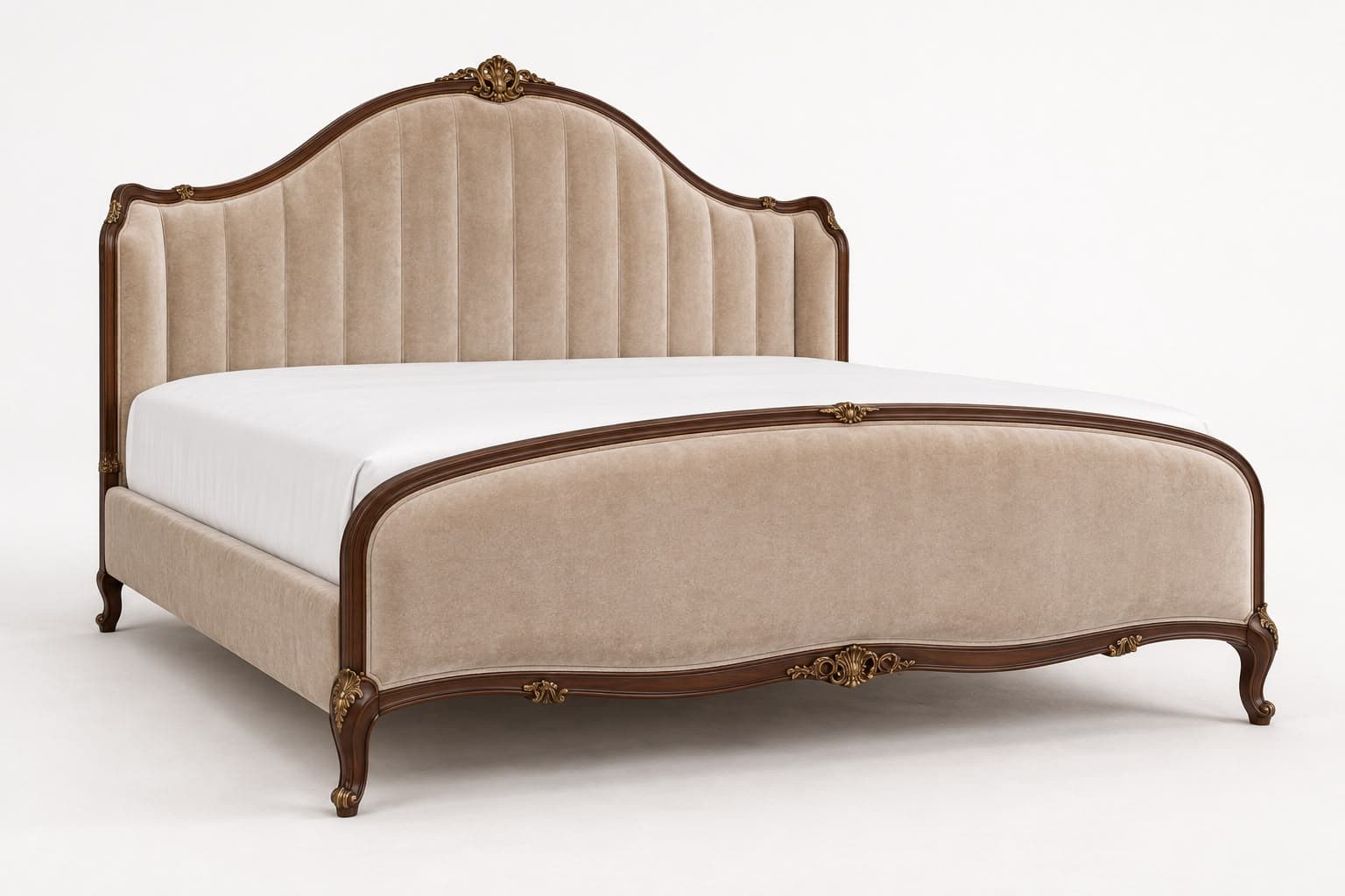 A lavish, traditionally styled bed featuring a high, curved headboard and footboard upholstered in beige velvet. The frame is crafted from dark wood with intricate carved details and gilded scrollwork accents, particularly prominent on the crown of the headboard and along the base of both the headboard and footboard. The headboard's velvet panel exhibits vertical channel tufting. The bed stands on elegant cabriole legs with carved details, adding to its luxurious aesthetic. — 3D model