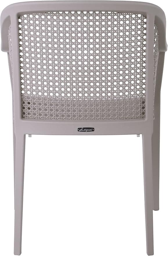 A light grey or beige plastic armchair featuring a backrest molded to resemble a cane woven pattern. The chair has a solid frame with integrated armrests and four tapered legs. The design suggests it is suitable for indoor or outdoor use and is likely stackable for storage. — 3D model