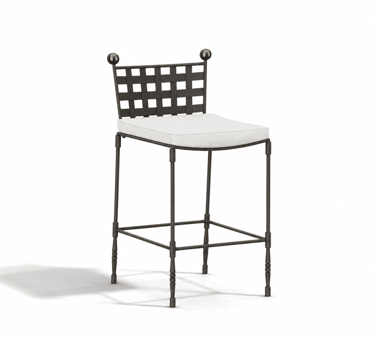 A tall bar stool featuring a dark wrought iron frame with a distinctive woven grid backrest and two… — 3D model