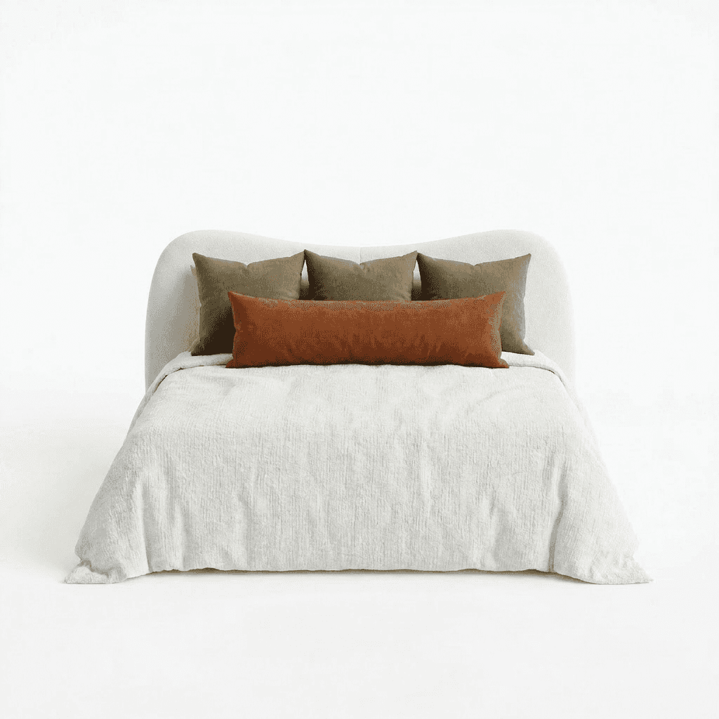 A bed with a curved, upholstered headboard and a light-colored textured comforter. It is adorned wit… — 3D model
