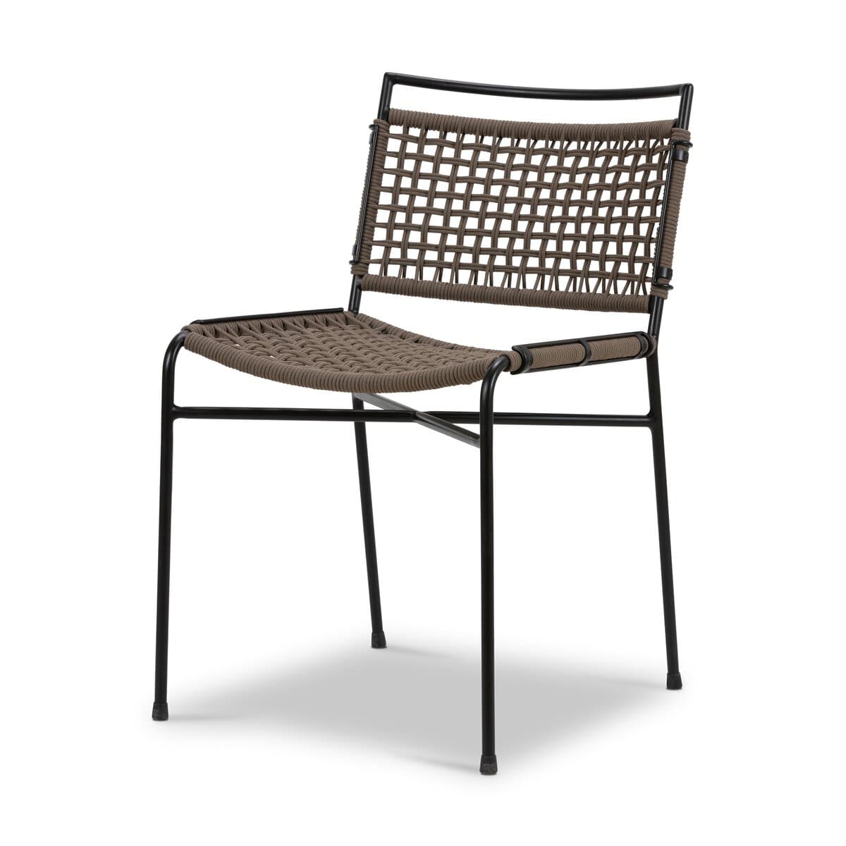 A modern dining chair with a black metal frame and woven rope seating and backrest. The chair has a minimalist design with thin legs and a rectangular back. The woven texture provides a tactile element to the otherwise sleek structure. — 3D model