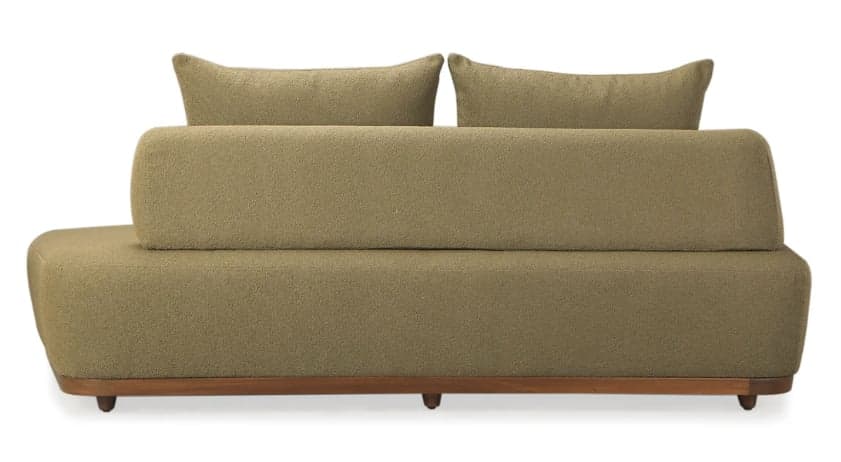 An upholstered sofa featuring a muted olive green, textured fabric, a distinctive tapered backrest, and an exposed wooden base with small, rounded feet. It includes two loose back cushions. — 3D model