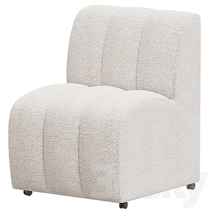 An off-white, armless modular chair upholstered in a textured bouclé fabric. The seat and backrest feature distinctive vertical channel tufting. The chair has a rounded, contemporary profile and is equipped with small casters on its base for mobility. — 3D model
