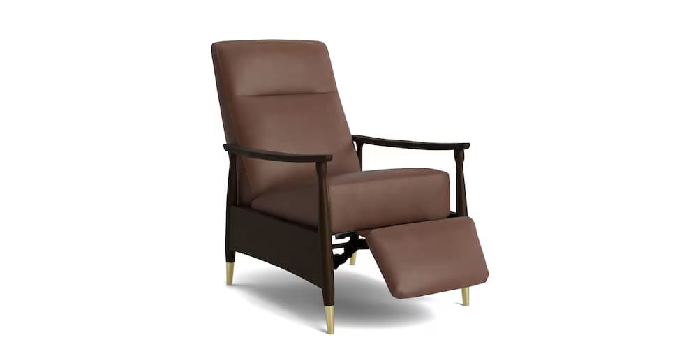 A brown leather recliner chair with a wooden frame. The chair features a high back and a padded seat and backrest. The armrests are made of dark wood, and the legs are also wood with brass accents at the feet. An extended footrest is visible, indicating its reclining capability. — 3D model