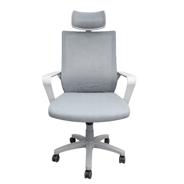 A modern ergonomic office chair featuring a grey mesh backrest, a padded light grey fabric seat, fixed white plastic armrests, and a five-star base with casters. It includes an adjustable headrest with a mesh covering. — 3D model