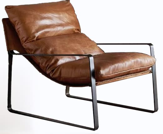 A modern lounge chair featuring a sturdy black metal frame and plush, cognac-brown leather cushions. The design incorporates a minimalist aesthetic with a comfortable, relaxed posture. — 3D model