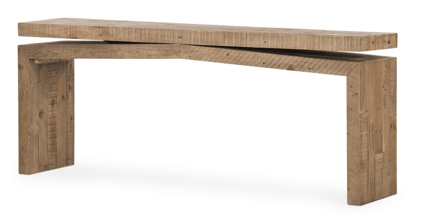 A long, narrow console table constructed from planks of reclaimed wood, featuring a distinctive laye… — 3D model