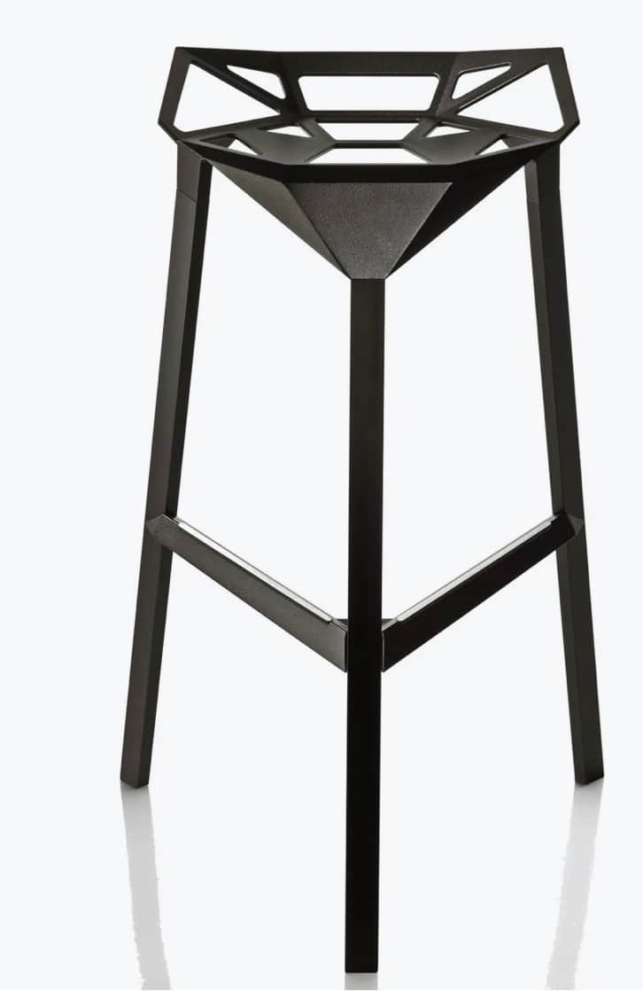 A modern bar stool with a geometric, faceted seat and a matte black finish. It features three angled… — 3D model