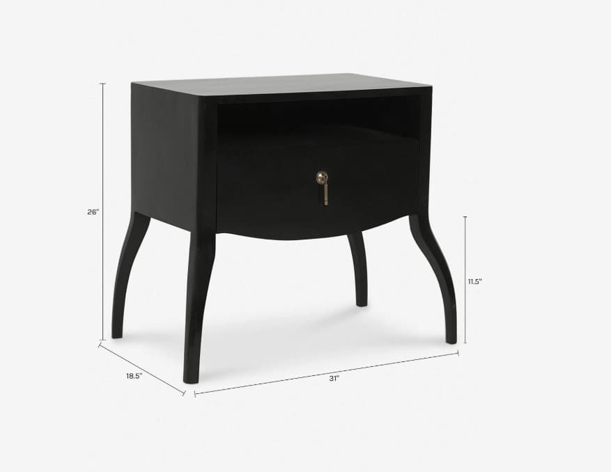 A sophisticated black nightstand featuring a sleek, glossy lacquer finish, an open cubby, and a locking drawer with a key. It stands on elegant curved legs, indicative of an Art Deco design influence. — 3D model