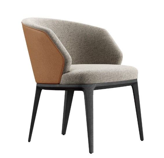 A contemporary armchair featuring a curvilinear upholstered shell with a contrasting tan leather-like panel on the exterior of the backrest. The seat and interior back are covered in a light grey/beige textured fabric. The chair is supported by four dark, tapered wooden legs. — 3D model