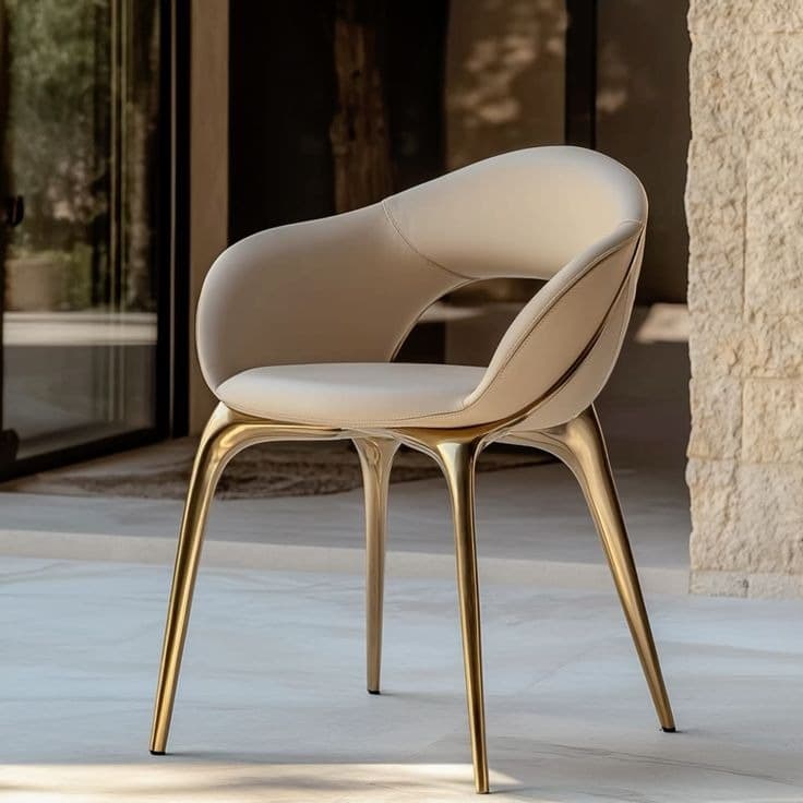 A contemporary armchair with a curved backrest and integrated armrests. The seat and back are upholstered in a light beige material. The chair is supported by four slender, gracefully curved legs with a metallic golden finish. — 3D model