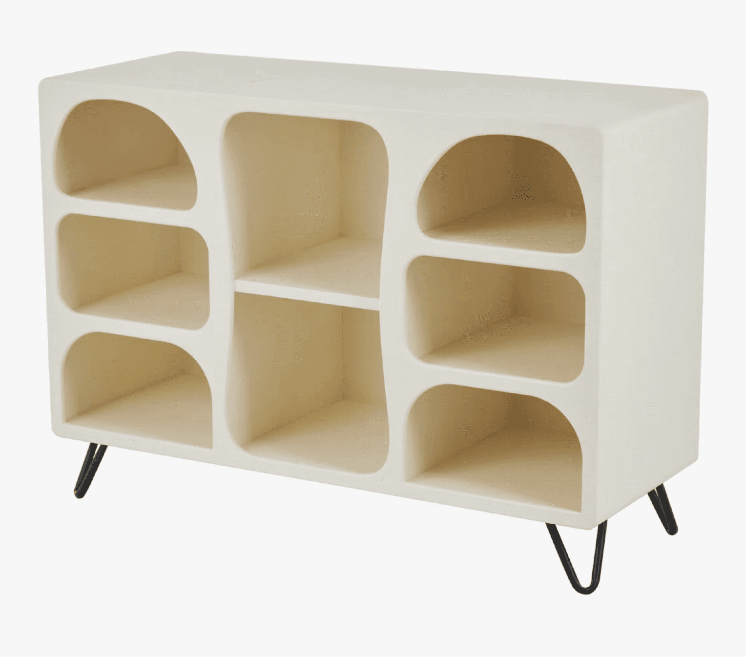 A freestanding bookcase with an off-white, matte finish. It features an asymmetrical design with six open compartments, alternating between arched and rectangular openings. The unit is supported by four slender, black metal hairpin legs. — 3D model