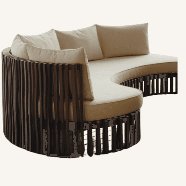A large, crescent-shaped daybed featuring a dark slatted wooden frame and light-colored, plush upholstered cushions for both seat and back support. — 3D model