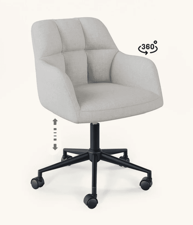 A light grey upholstered office chair featuring a bucket-style seat, integrated armrests, and a back… — 3D model