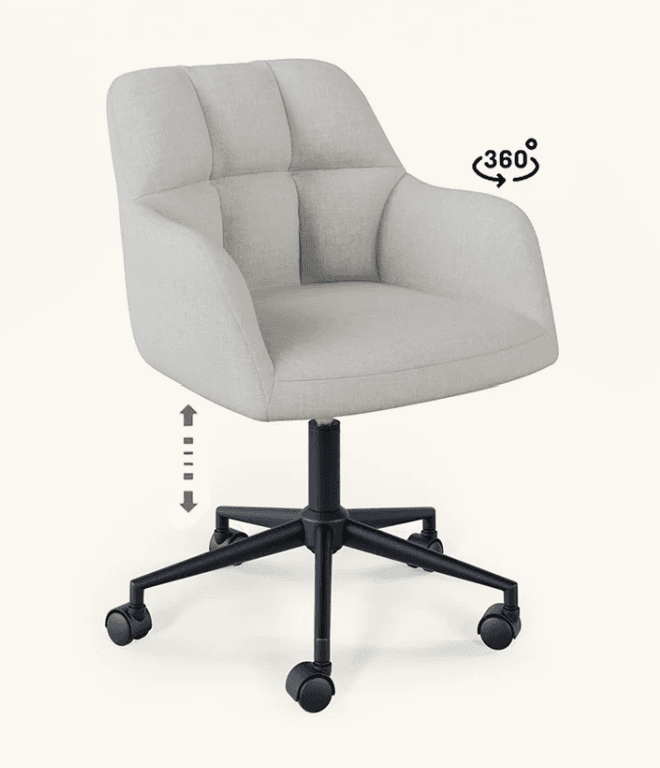 A light grey upholstered office chair featuring a bucket-style seat, integrated armrests, and a backrest with vertical channel tufting. It sits on a black five-star swivel base equipped with casters and has a visible lever for height adjustment. — 3D model