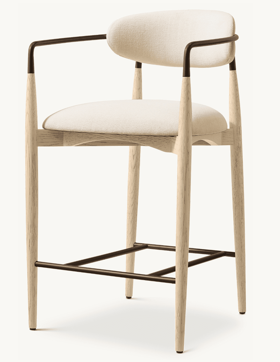A modern bar stool featuring a wooden frame with upholstery on the seat and backrest. The stool has four tapered legs, a curved backrest, and armrests composed of dark metal tubes connecting to the wooden frame. A dark metal footrest grid connects the lower parts of the legs. — 3D model