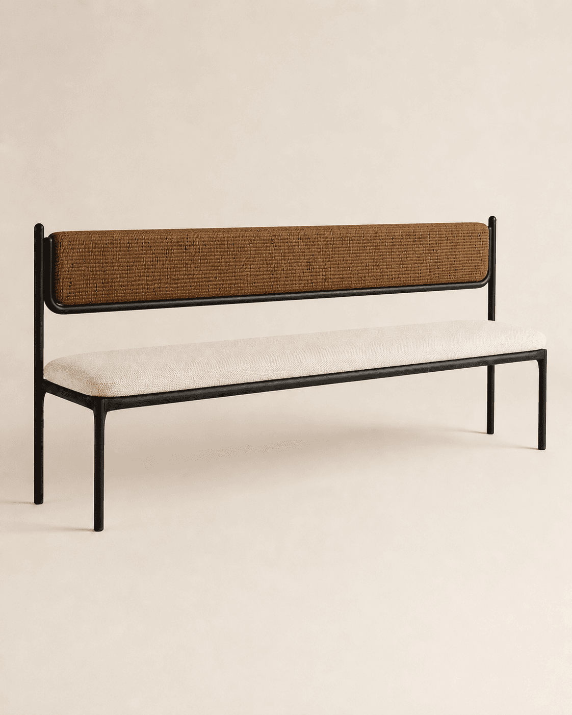 A modern bench featuring a minimalist black metal frame, an upholstered seat cushion in a light beig… — 3D model