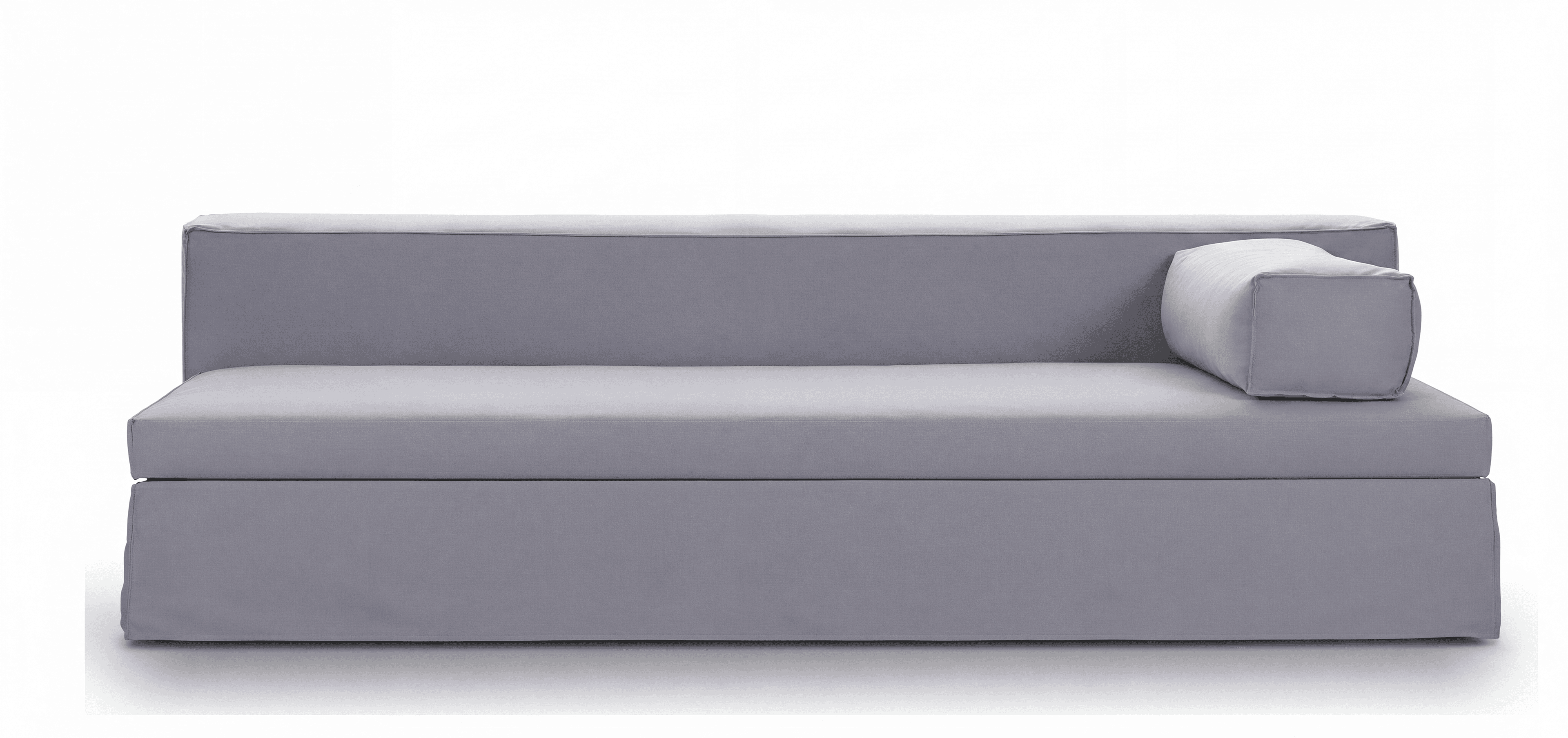 A modern grey fabric daybed featuring a minimalist design with clean lines. It has a full backrest and a deep, thick seat cushion, indicating suitability for both seating and lounging. A single, cylindrical bolster serves as the right-side armrest, distinguishing its form. The base is fully skirted, concealing any legs or framework, contributing to its streamlined appearance. — 3D model