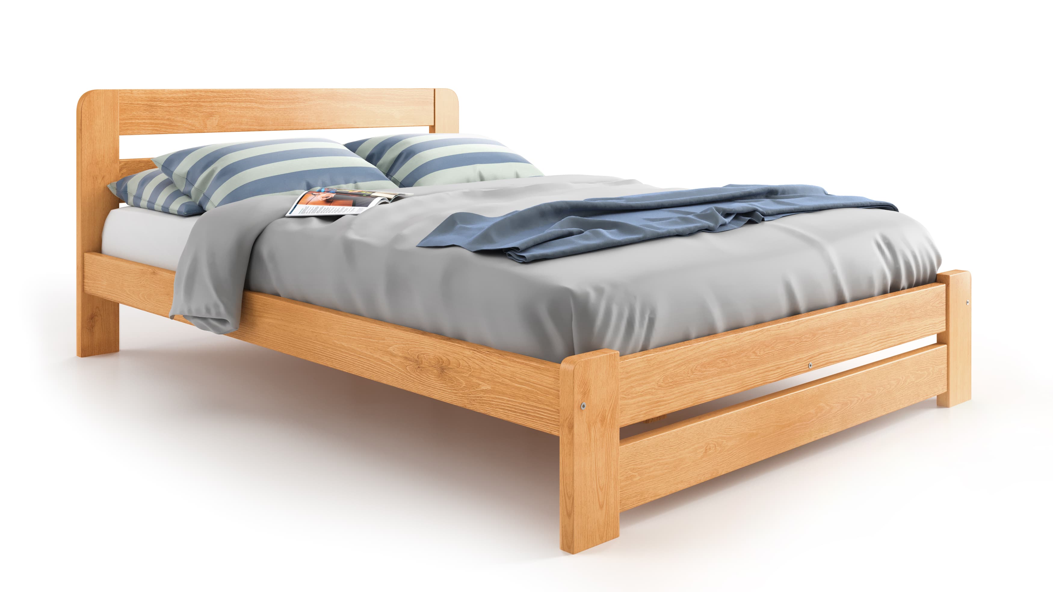 A modern platform bed frame crafted from light-toned solid wood, featuring a minimalist design with a slatted headboard and footboard. The frame is dressed with gray bedding, striped pillows, and a blue throw blanket. — 3D model
