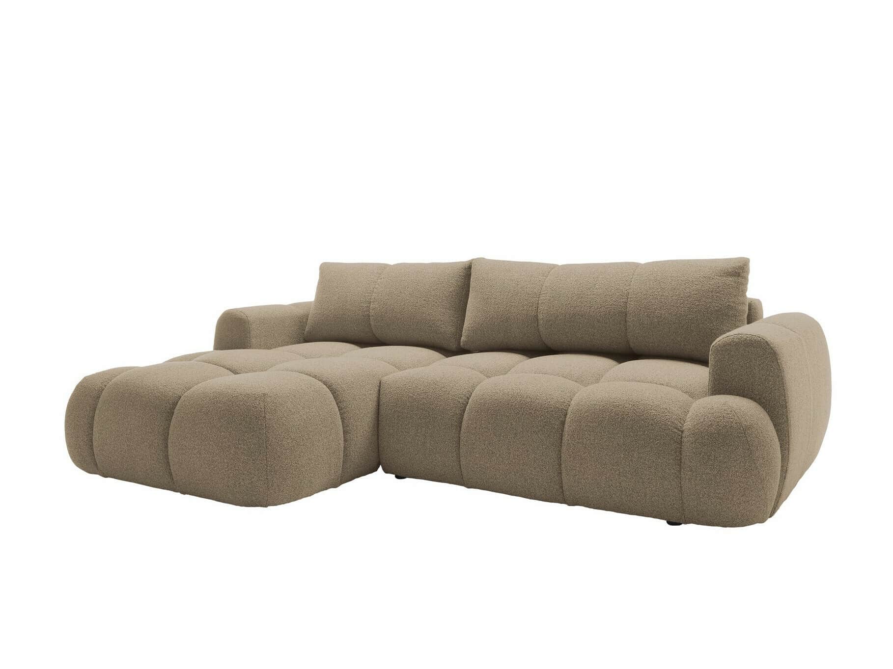 An L-shaped sectional sofa upholstered in a light brown, textured bouclé fabric. It features a moder… — 3D model