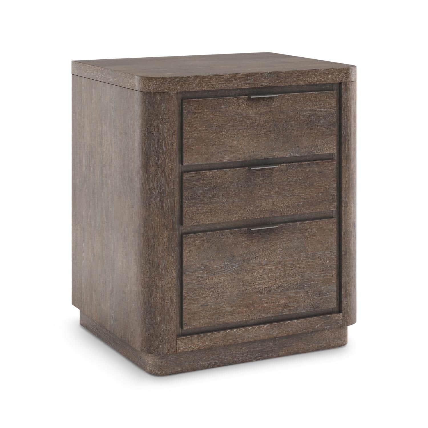 A dark brown, wooden nightstand with three drawers. The nightstand features a rounded edge on the to… — 3D model