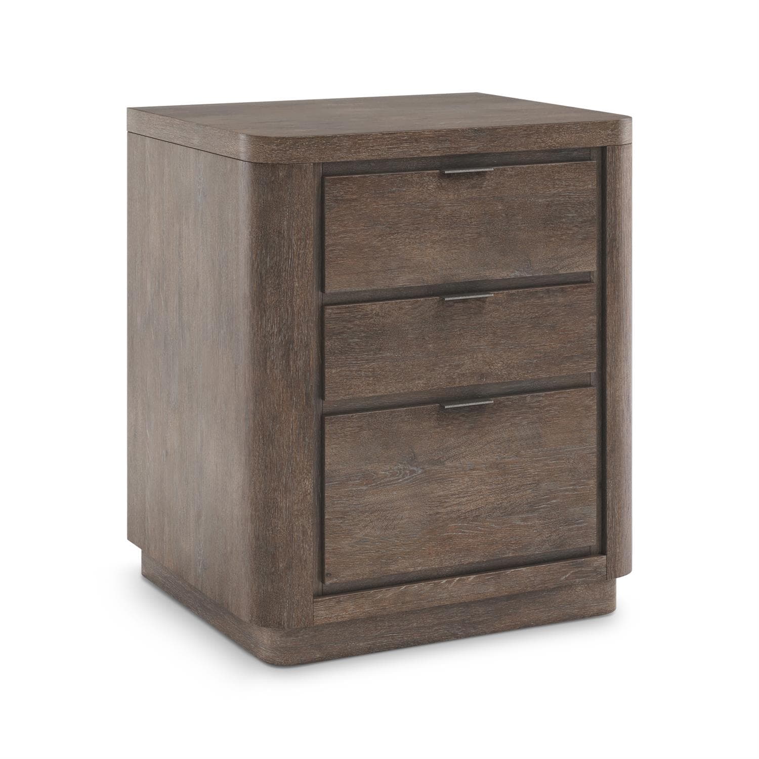 A dark brown, wooden nightstand with three drawers. The nightstand features a rounded edge on the top and sides, and a plinth base. Each drawer has a subtle horizontal metal pull. The wood grain is visible, suggesting a natural wood or wood veneer construction. — 3D model