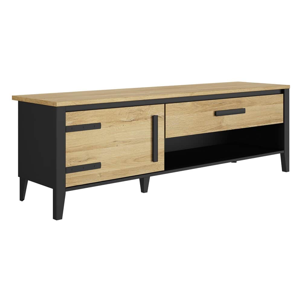 A low-profile rectangular TV stand featuring a combination of open and closed storage. The left side… — 3D model
