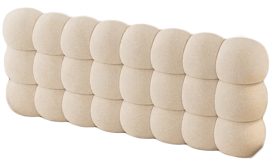 A modern upholstered headboard featuring a distinctive bubble-like texture created by individually padded spherical segments. The headboard is rectangular in form, composed of multiple rows and columns of these soft, rounded elements. It is presented in a light, neutral beige fabric, suggesting a contemporary and comfortable aesthetic. The item appears to be in new or excellent condition, with no visible signs of wear. — 3D model