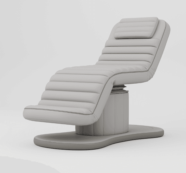 A modern recliner chair with a segmented, horizontally upholstered seat and backrest, featuring a separate headrest. It is supported by a central pedestal that is integrated into a rounded base. The upholstery has a clean, smooth finish with subtle piping along the edges. The overall design suggests a functional and ergonomic piece. — 3D model