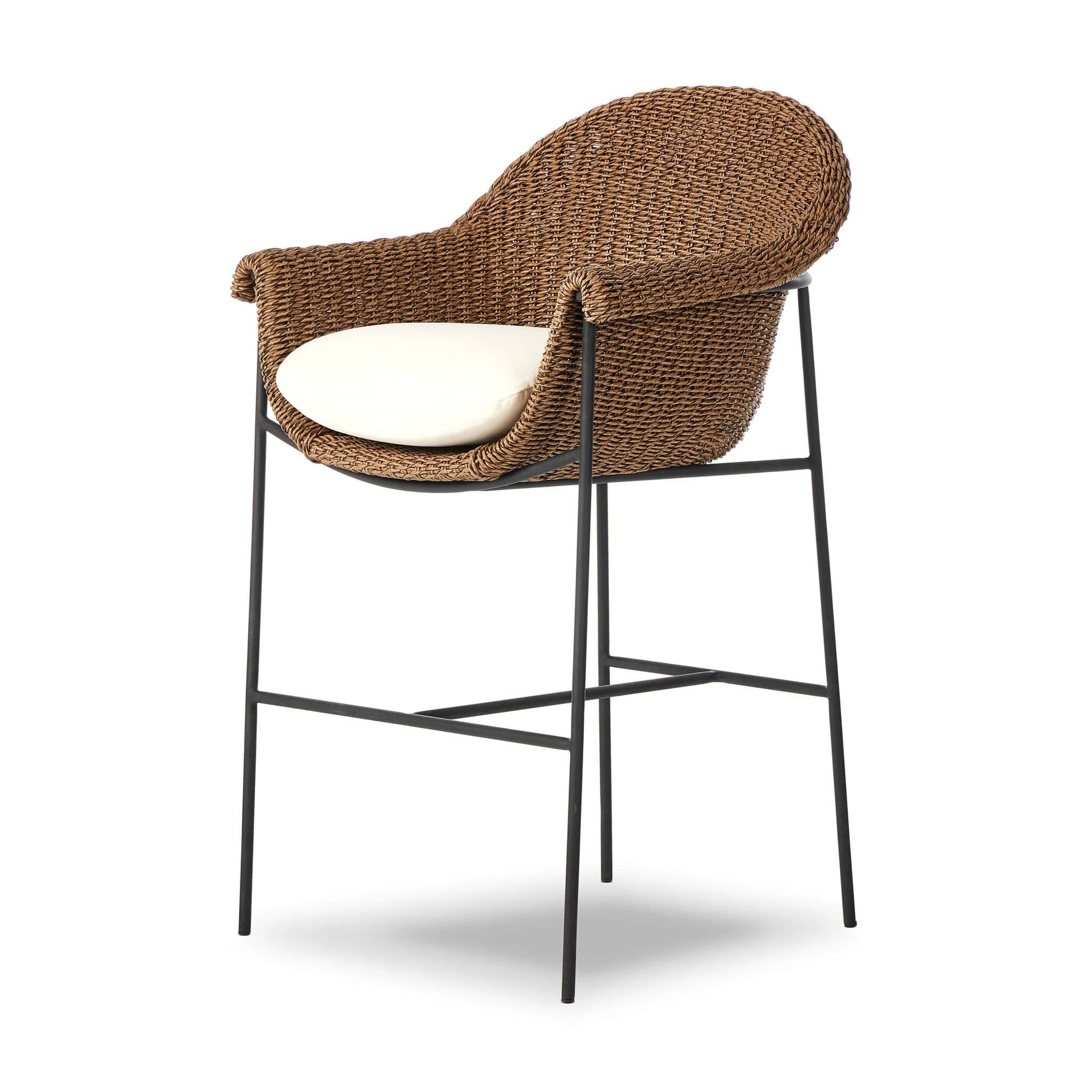 A bar stool with a rounded, woven seat and backrest, supported by a slender black metal frame. It fe… — 3D model