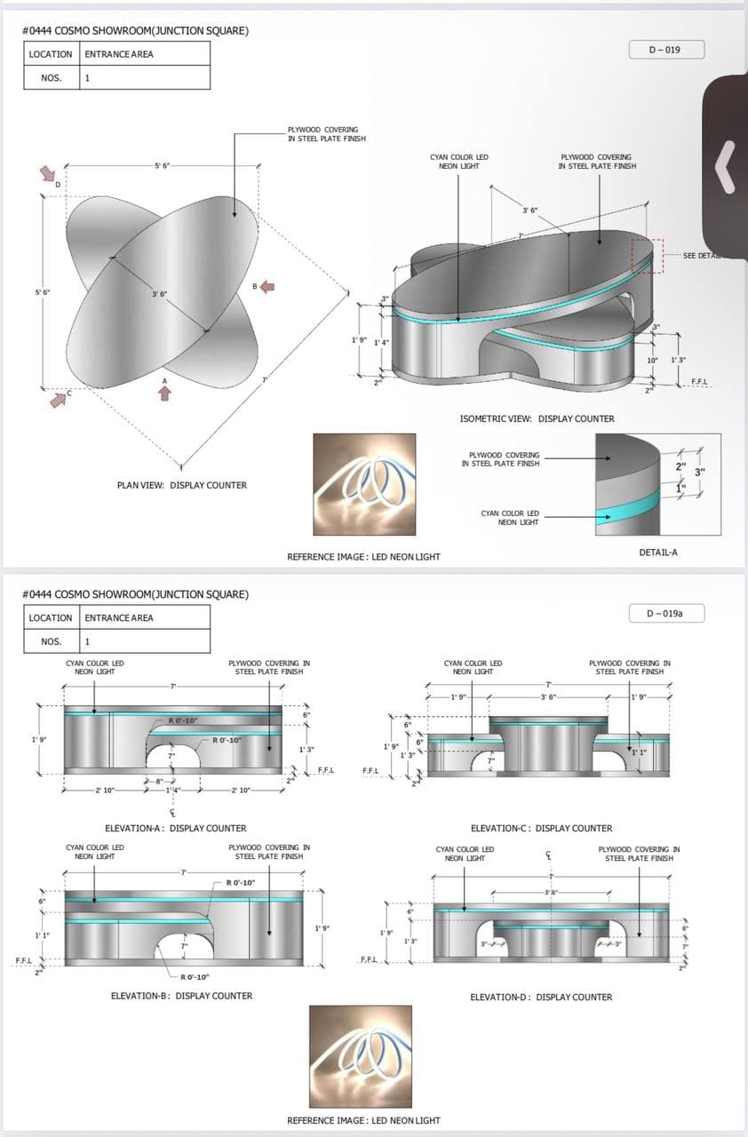A modern multi-tiered coffee table featuring an elliptical metallic top surface and a wooden lower tier, both supported by a curved, polished silver base. A subtle light blue LED strip accentuates the base's edge. — 3D model