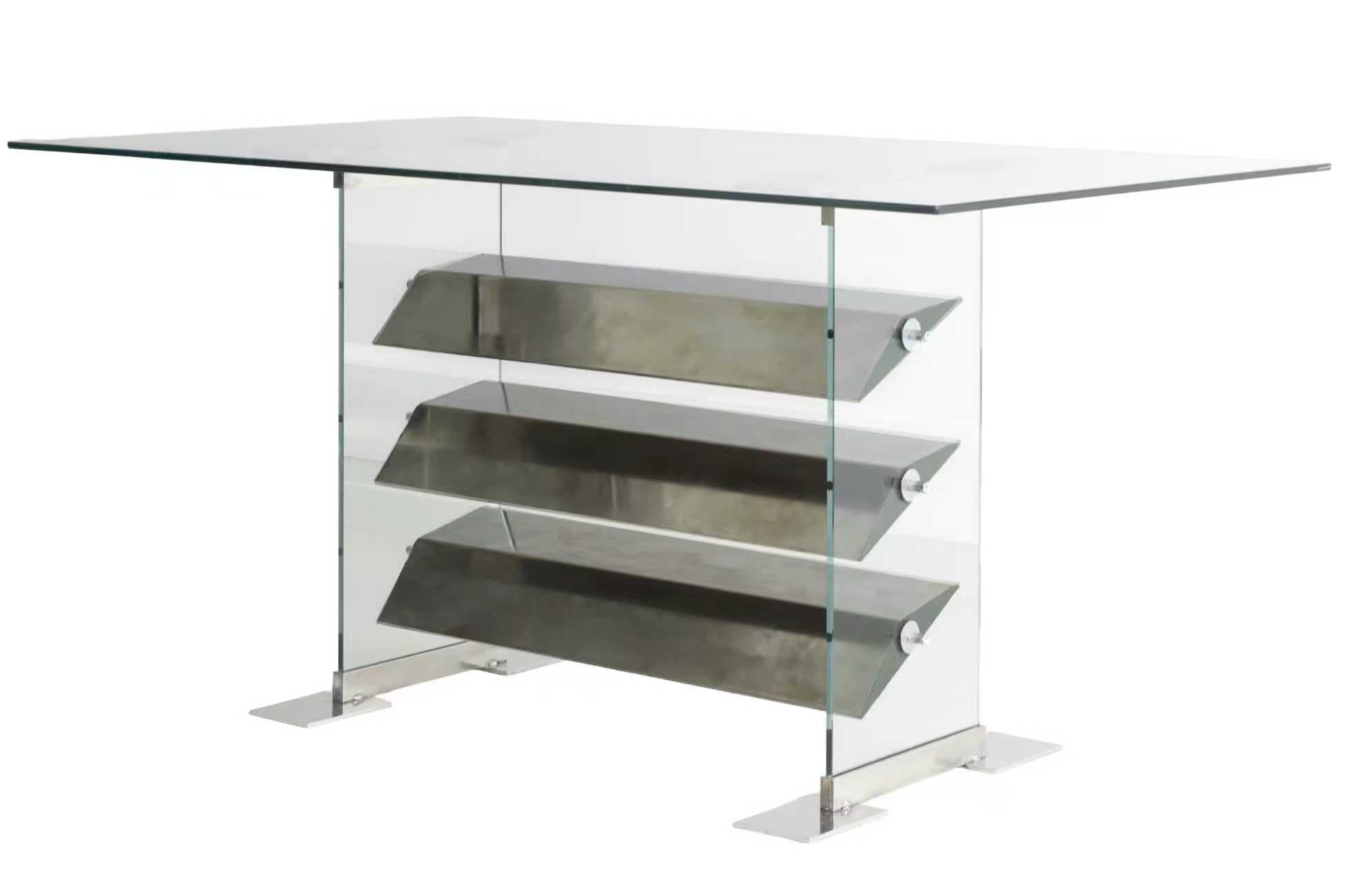 An elongated console table featuring a clear rectangular glass tabletop supported by two clear glass panel legs. Integrated between the glass legs are three horizontally oriented, slanted shelves made of brushed stainless steel. The entire structure rests on two flat, rectangular stainless steel bases at the bottom of the glass legs. — 3D model