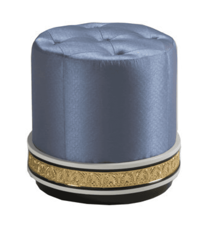 A round ottoman with a tufted top and a decorative band around its base. The upholstery appears to b… — 3D model