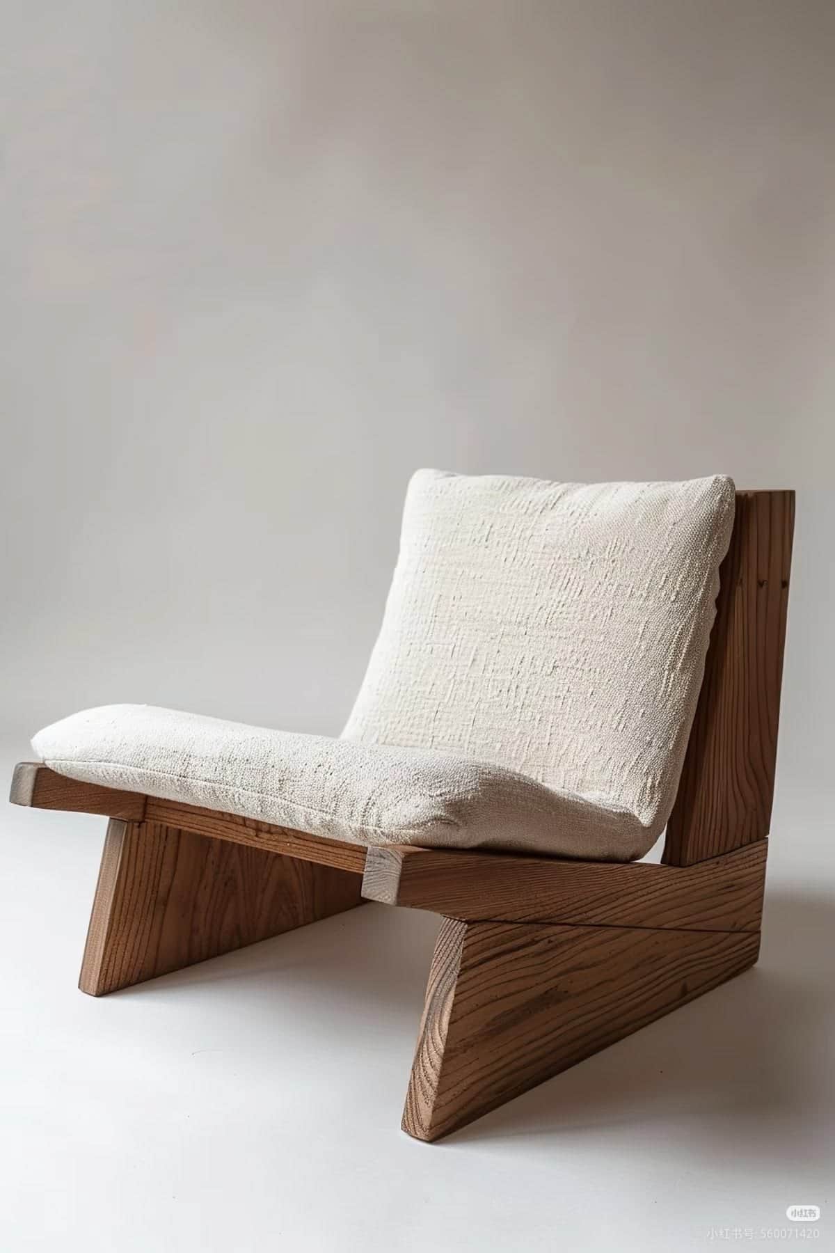 A low-profile lounge chair featuring a sturdy, angular frame constructed from thick planks of light-… — 3D model