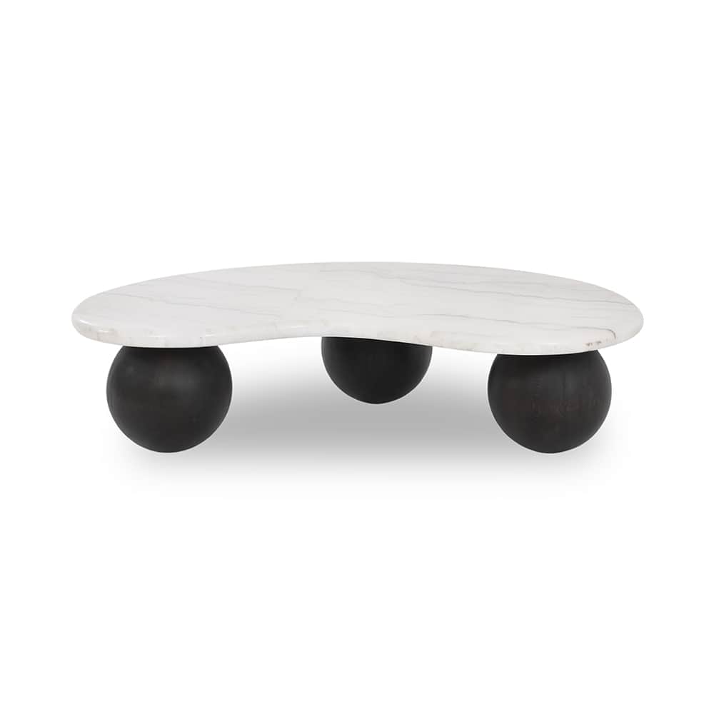 An organic-shaped coffee table featuring a white marble top with natural gray veining, supported by… — 3D model