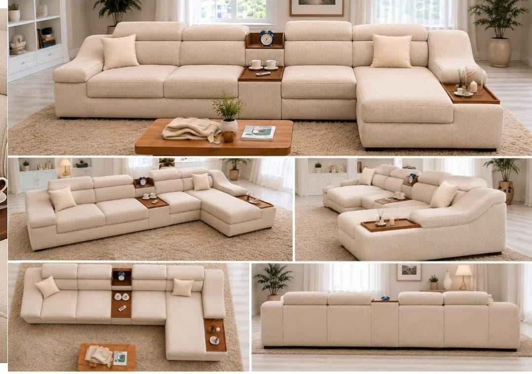 A large, modern sectional sofa upholstered in light beige fabric, featuring a modular design with a long main section and a chaise lounge extension. It incorporates integrated wooden storage compartments and side tables between seating units and on the end of the chaise, providing functional surfaces. The backrests include adjustable headrests, contributing to its contemporary and comfortable aesthetic. — 3D model