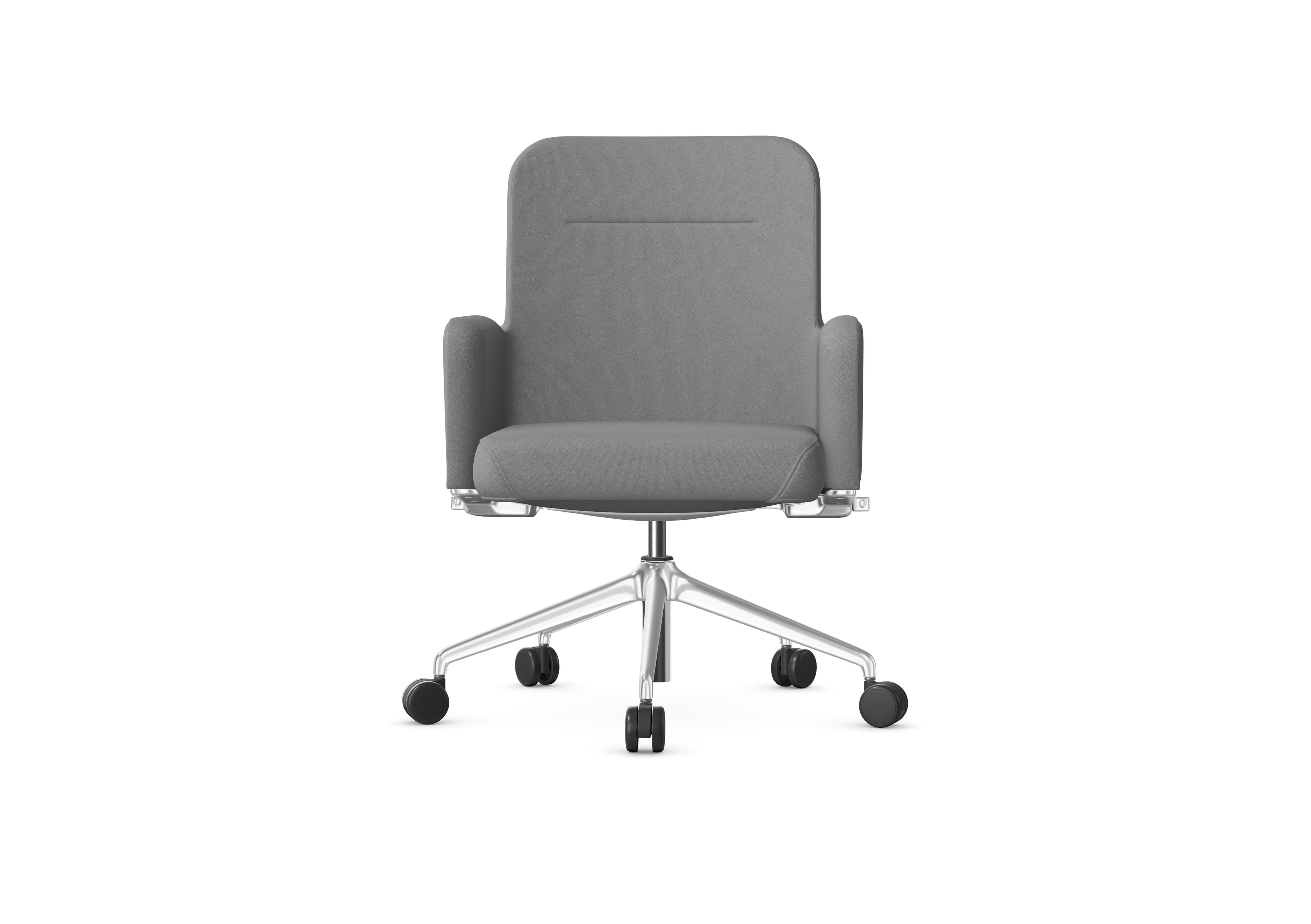 A modern gray upholstered office armchair featuring a minimalist design, integrated armrests, and a polished metal five-star base with black casters. The chair has a subtly curved backrest with a single horizontal stitched detail. — 3D model