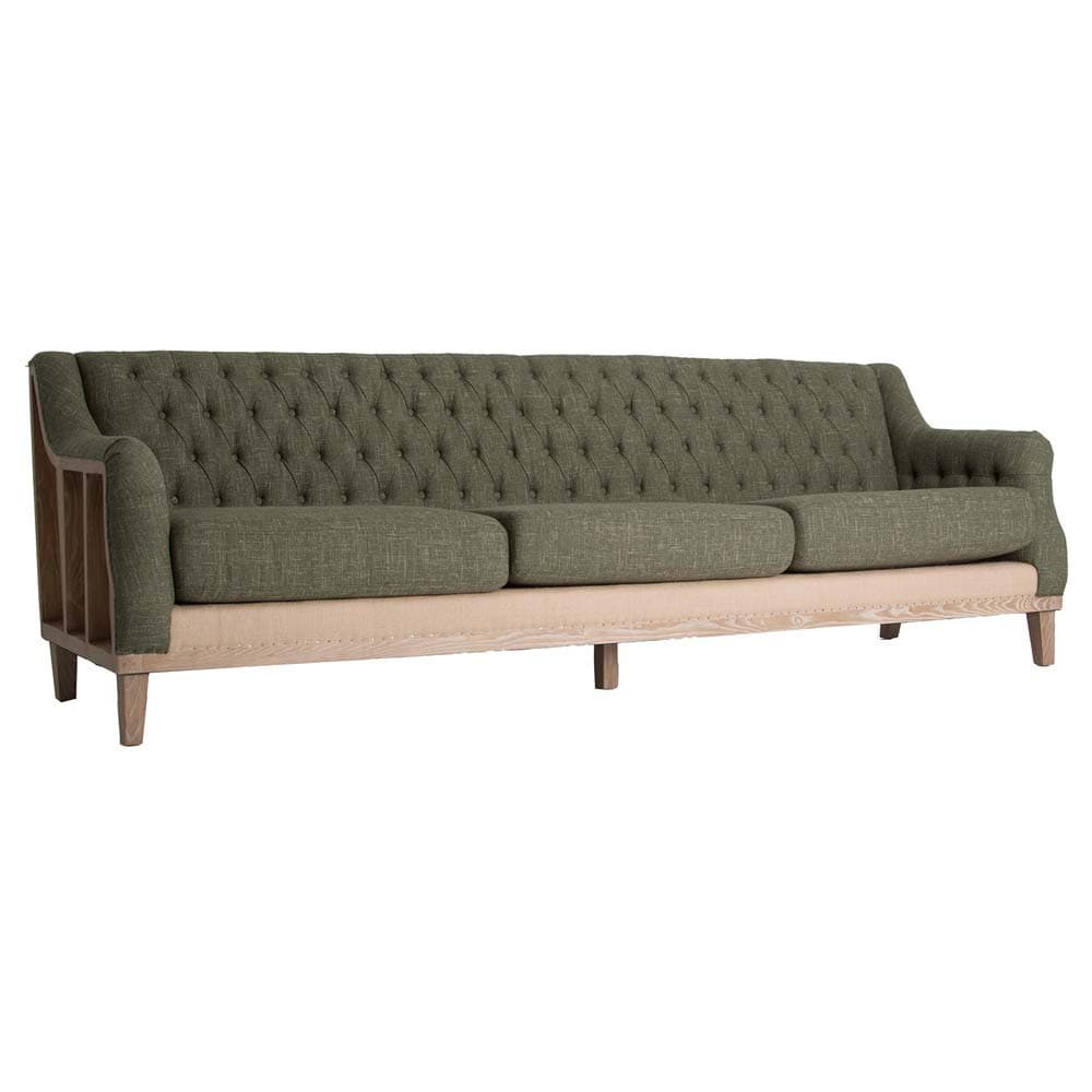 A three-seater sofa with a high, tufted backrest and arms. The backrest is upholstered in a textured green fabric with diamond tufting. The seat cushions are also upholstered in the same green fabric. The sofa features a contrasting light-colored wooden frame, visible at the base and sides, with a slatted design on the outer sides of the armrests. The legs are also made of light wood. — 3D model