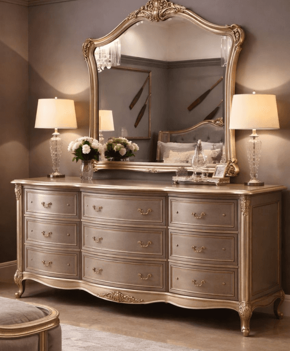 An opulent, highly ornate dresser and mirror set, finished in a uniform champagne gold color. The dresser features a curved front facade with multiple drawers, decorative pulls, and stands on scrolled cabriole legs. The accompanying mirror is framed with elaborate, rococo-style carvings. — 3D model
