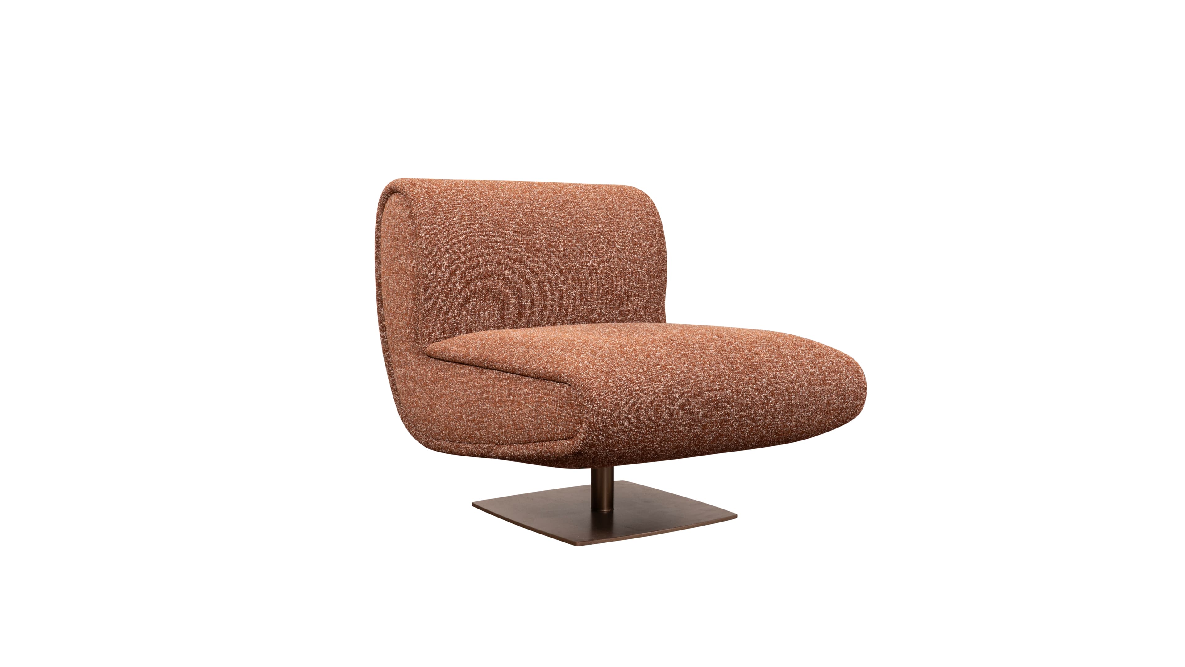 An upholstered swivel lounge chair featuring a curved, seamless backrest and seat, covered in a reddish-brown, speckled woven fabric. The chair is armless and rests on a dark metal cylindrical post attached to a square, flat base. — 3D model
