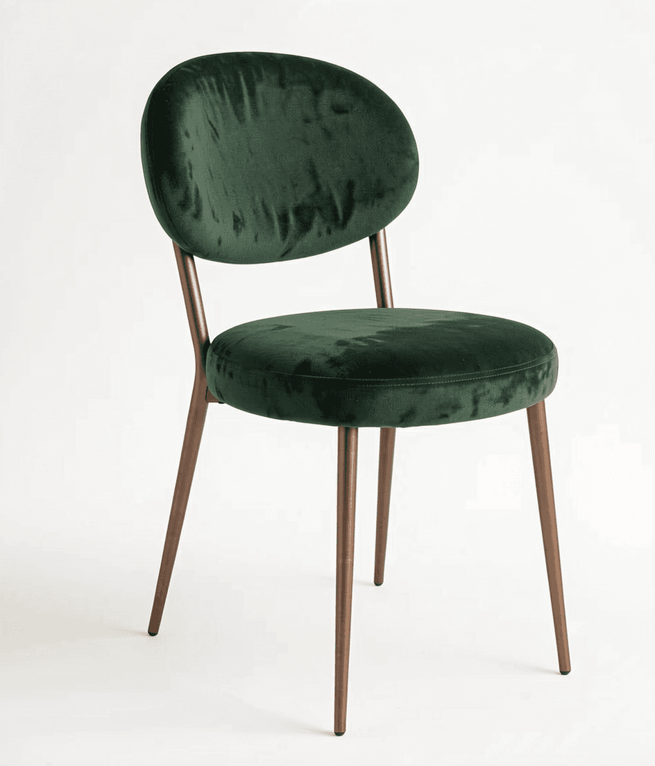 A contemporary dining chair featuring a dark emerald green velvet upholstery on its circular seat and oval backrest, supported by slender, angled metal legs with a bronze finish. — 3D model