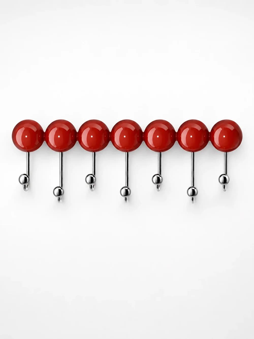 A contemporary wall-mounted coat rack featuring seven equidistant, glossy red spherical elements, each positioned above a polished chrome-plated metal hook. The hooks curve downwards and terminate with a small chrome sphere. The entire assembly is designed to be mounted flush against a wall. — 3D model